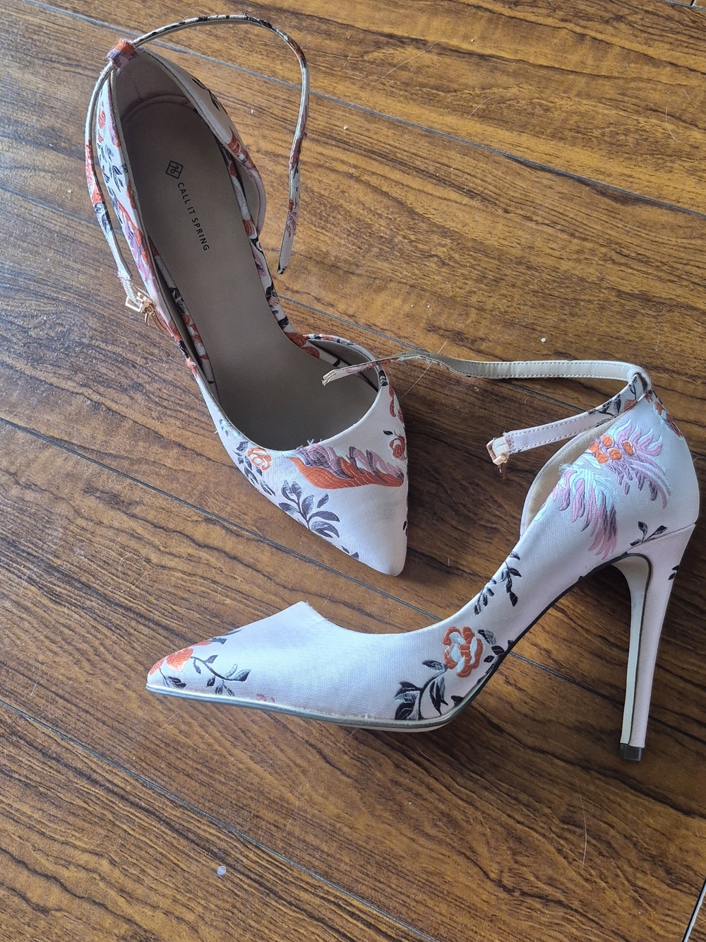 Call It Spring Floral Pointed Ankle-Strap Pumps in Cream and Orange - Picture 5 of 6